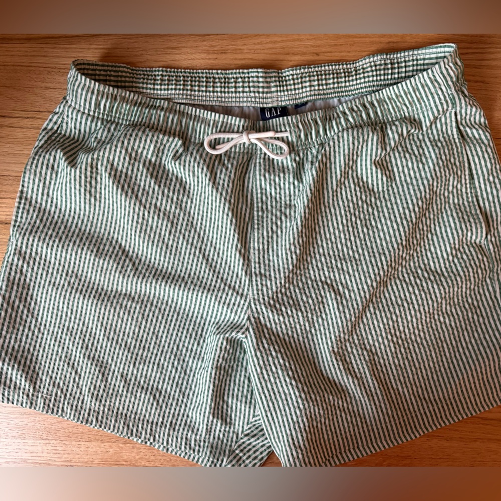 Gap Swimsuit Green White Striped Seersucker Swim  with Drawstring